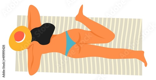 Woman sunbathing by beach, seaside vacation rest