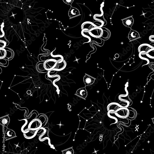 Black seamless background with stars and snakes