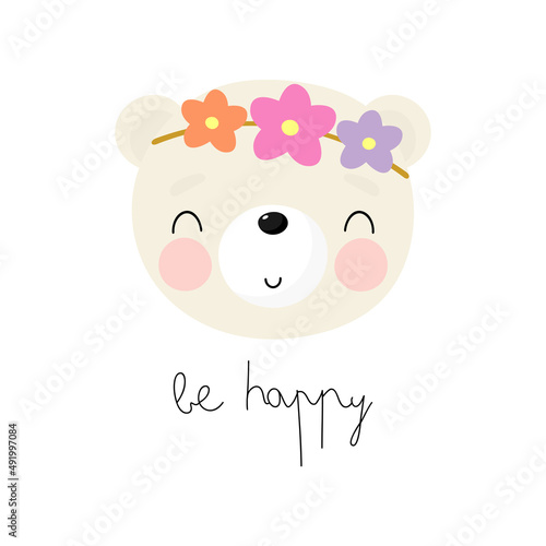 Cute Bear with flowers. Cartoon style. Vector illustration. For kids stuff, card, posters, banners, children books, printing on the pack, printing on clothes, fabric, wallpaper, textile or dishes.