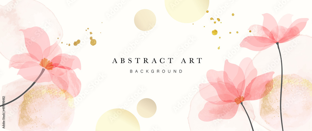 Spring season floral background. Colorful botanical in watercolor texture design with flowers, blooms and blossom garden. White line art pattern perfect for banner, print, cover, decoration. - obrazy, fototapety, plakaty 