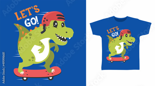 Dinosaur play skateboard cartoon tshirt design concept