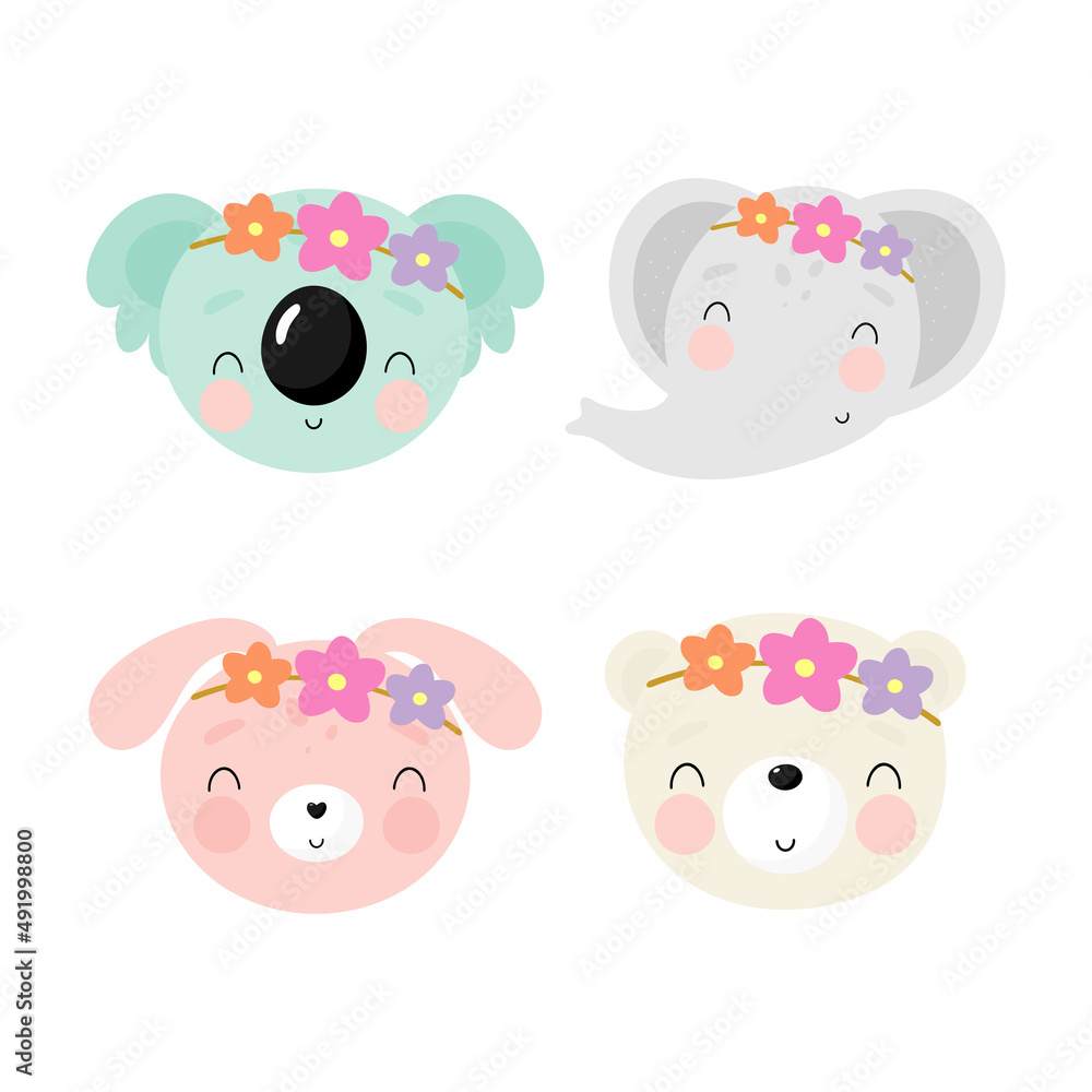 Vector set with Cute Animals and flowers in cartoon style. Koala, Elephant, Rabbit, Bear. Good for party invitations, birthday cards, stickers, prints etc.
