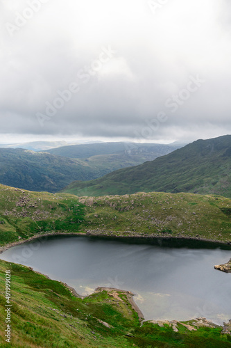 Beautiful landscape panorama of Pyg Track near Miners Track in Snowdonia National Park in North Wales, UK. Shoot during cloudy day