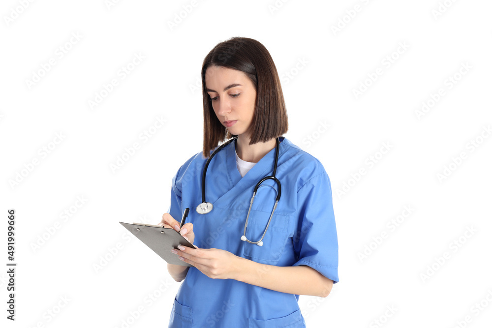 Concept of healthcare worker with young woman isolated on white background Concept of healthcare worker with young woman isolated on white background
