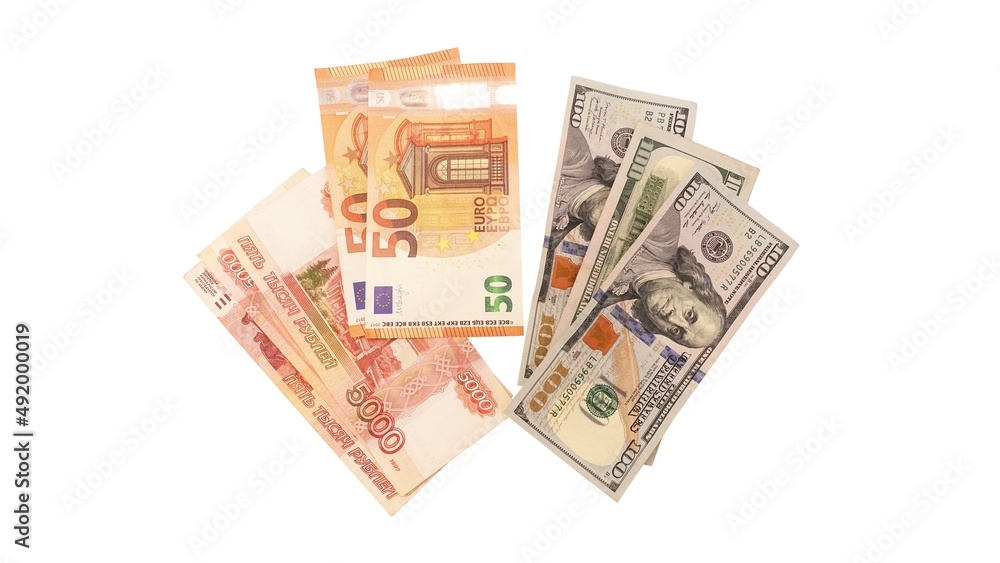 Top view of a multi-currency. Euro, dollar, ruble banknotes isolated on white background.Cash. The concept of financial literacy and savers. Stack of dollar , euro and ruble. Top view of a multi-currency. Euro, dollar, ruble banknotes isolated on white background.Cash. The concept of financial literacy and savers. Stack of dollar , euro and ruble.