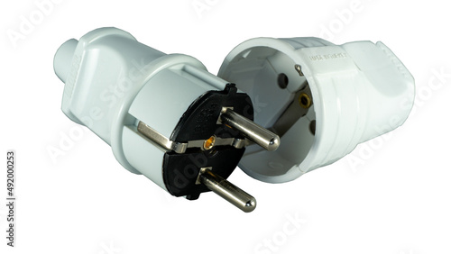 Male and female power plug. Wireless plug end. Grounded plug. Isolated on a white background.