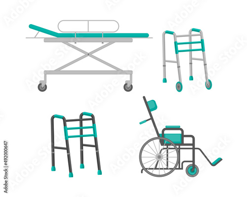 A set with the image of medical, orthopedic accessories, such as a medical wheelchair, a wheelchair and a walker. Vector illustration