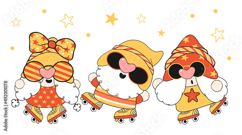 cute Gnome greeting card, cute cartoon retro groovy nordic faceless head drawing in vingate outfit with old style roller skate