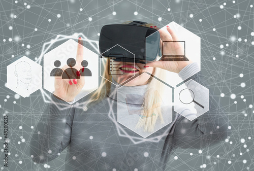 online virtual glasses icons. woman touch virtual hologram