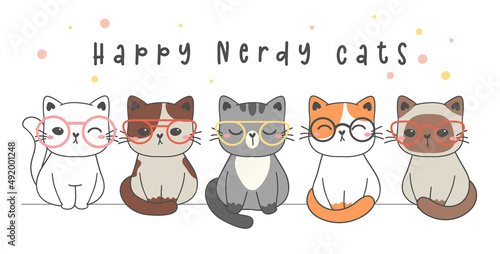 group of cute happy smart nerd cat wearing glasses, cute pet animal cartoon drawing vector greeting card banner