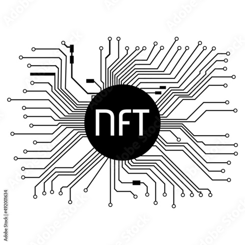 PCB tracks with NTF non fungible token in black center isolated on white. Website design element.
