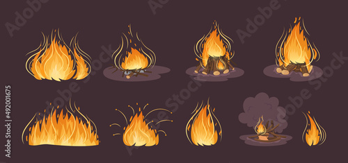 Firewood boards, bonfire of branches, logs, fire burning wooden logs