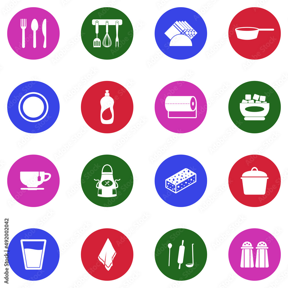 Fototapeta premium Kitchen Tools Icons. White Flat Design In Circle. Vector Illustration.