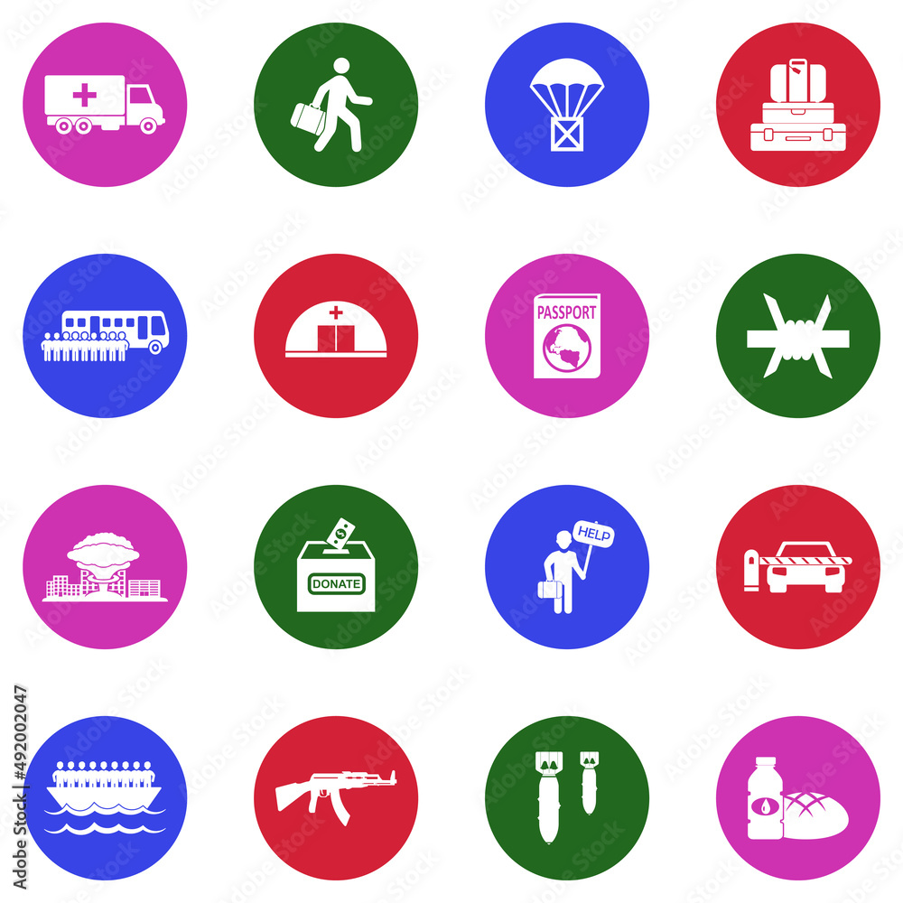 War Refugee Icons. White Flat Design In Circle. Vector Illustration. War Refugee Icons. White Flat Design In Circle. Vector Illustration.