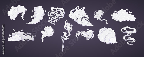 Comic smoke cloud set. Smoking cartoon steam clouds with motion sprite speed.