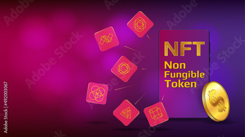 Concept of earning dollars USD on NFT. Unique tokens fly out from cellphone with text NFT non fungible token. Colorful template for banner or game. Vector illustration.
