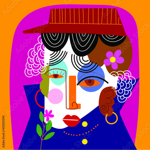 Colorful people face, abstract,cubism,line art, decorative vector illustration.