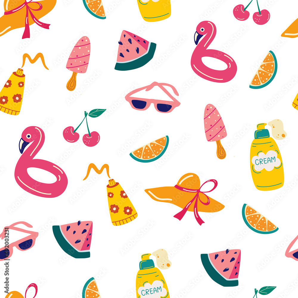 Summer seamless pattern. Beach accessories, ice cream, creams, fruit and hat. Perfect for textile, wallpaper and scrapbook. Vector cartoon illustration Summer seamless pattern. Beach accessories, ice cream, creams, fruit and hat. Perfect for textile, wallpaper and scrapbook. Vector cartoon illustration
