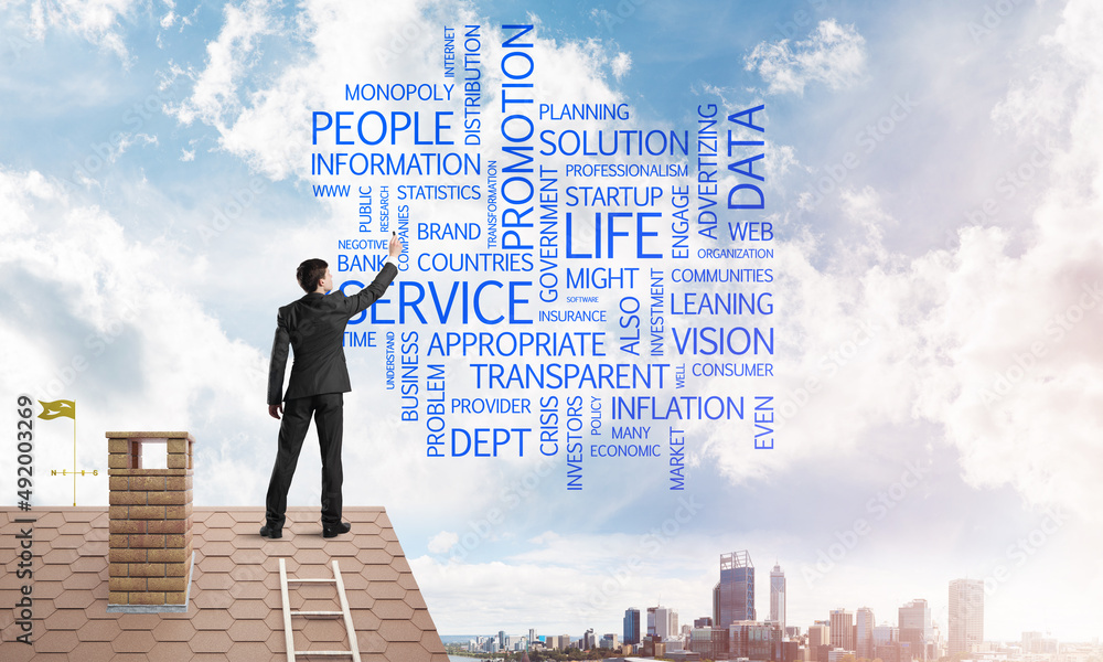 Young businessman standing on house roof and writing leadership skill concept. Mixed media Young businessman standing on house roof and writing leadership skill concept. Mixed media