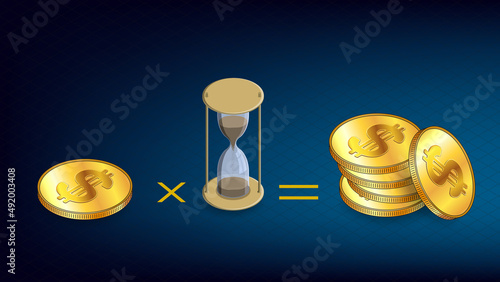 Isometric concept of earning on staking coins. Gold coins USD dollars with hourglass on dark blue background. Adding coins during staking time. photo