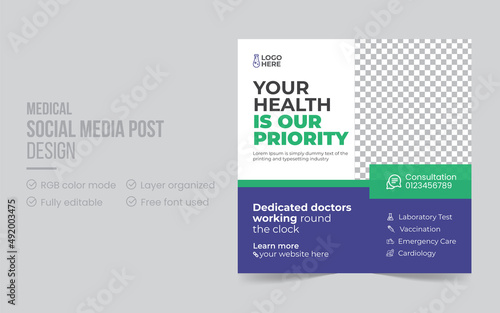 Medical Social Media Pack Template Premium Vector. Set of Modern Social Media Post Template. Medical Healthcare Social Media Post Template with Blue  Green Elements