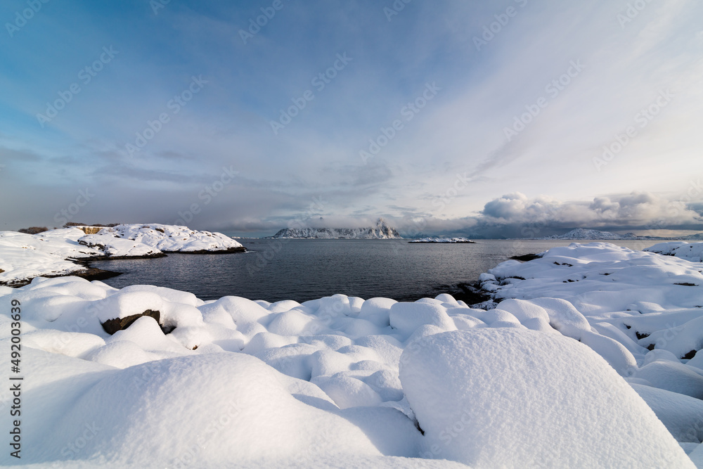 Landscape with snow covered mountains - Lofoten, Norway