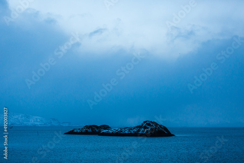 Landscape with snow covered mountains - Lofoten, Norway
