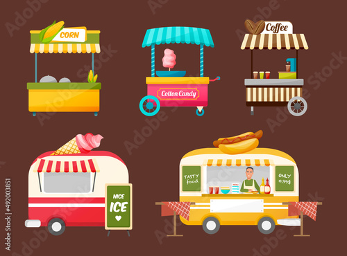 Street van, trading, fast machine transport products food, shop truck with stall. Street food market vector