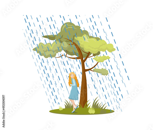 Natural disasters, severe weather conditions hurricane, rain. Girl hiding from heavy downpour. Man holding on to tree fleeing stormy wind.