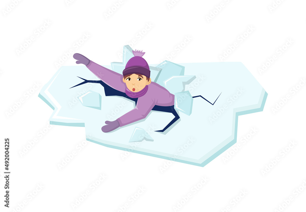 Fototapeta premium Natural disasters, severe weather unfavorable environmental conditions. Guy is trying to get out of ice hole into which he fell under the ice cartoon vector