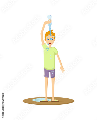 Natural disasters, severe weather unfavorable environmental conditions. Man drinks and pours water, tormented by thirst