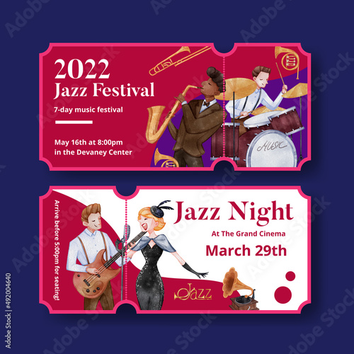 Ticket template with jazz music concept,watercolor style photo