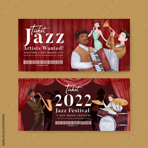 Ticket template with jazz music concept,watercolor style photo