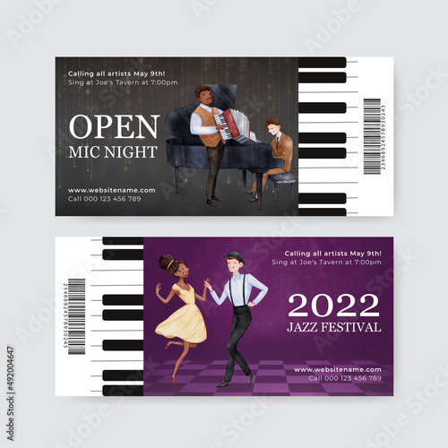 Ticket template with jazz music concept,watercolor style photo