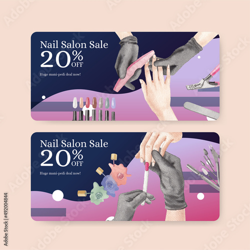 Voucher template with nail salon concept,watercolor style