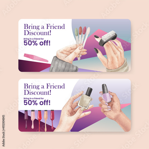 Voucher template with nail salon concept,watercolor style