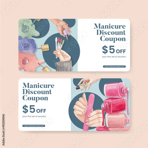 Voucher template with nail salon concept,watercolor style