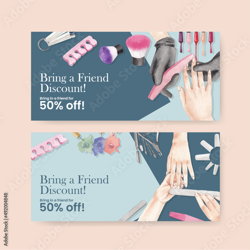 Voucher template with nail salon concept,watercolor style