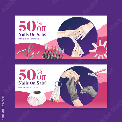 Voucher template with nail salon concept,watercolor style