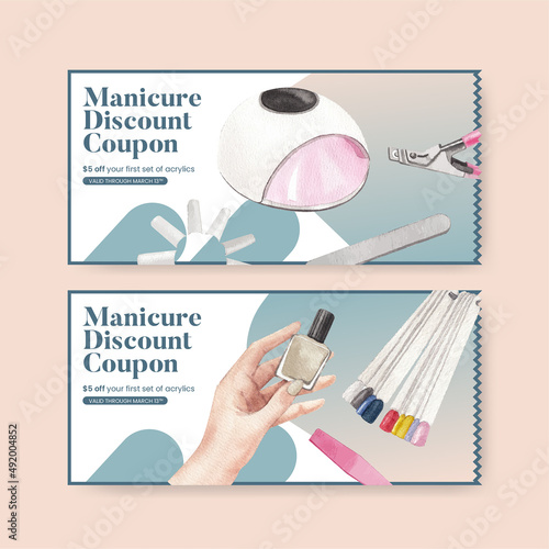 Voucher template with nail salon concept,watercolor style
