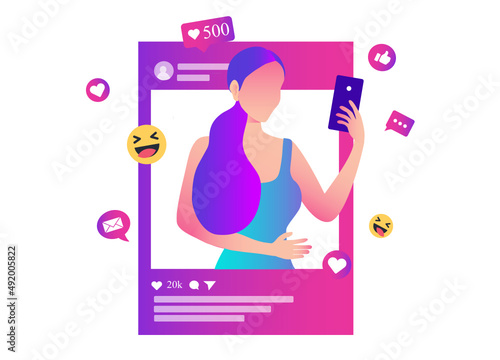 Beautiful woman holding smartphone with social media icons. Influencer social media marketing, blogger, vlogging, social influencer and influencer marketing concept vector illustration
