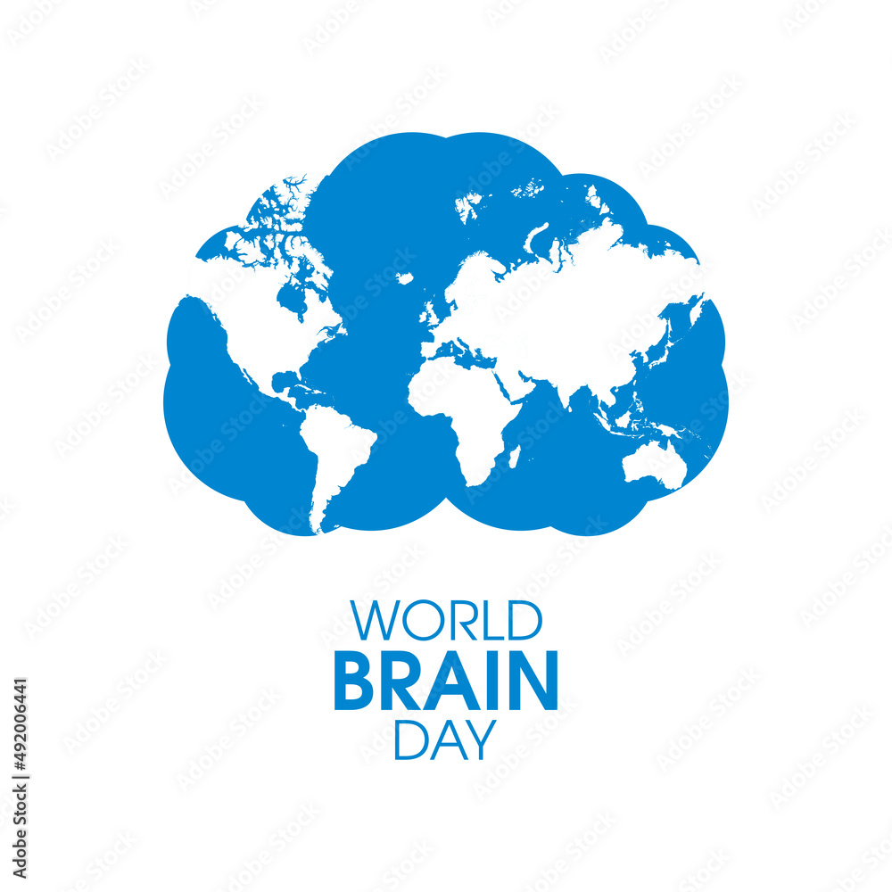 World Brain Day Poster with human brain and world map vector. Abstract human brain with world map silhouette icon vector isolated on a white background. Important day