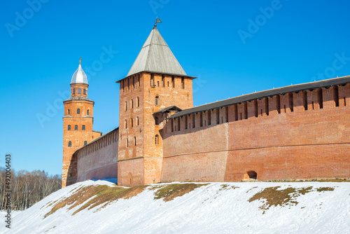 The ancient towers of the Kremlin of Veliky Novgorod on a clear frosty day. Russia