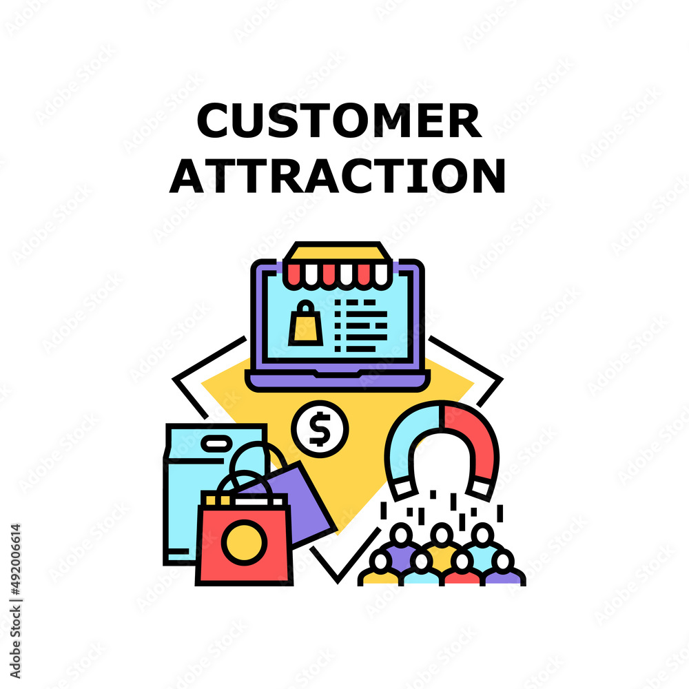 Customer Attraction Vector Icon Concept. Online Store Client Retention And Customer Attraction, Internet Shop Website For Choosing And Buying Goods. Purchasing Products Color Illustration Customer Attraction Vector Icon Concept. Online Store Client Retention And Customer Attraction, Internet Shop Website For Choosing And Buying Goods. Purchasing Products Color Illustration