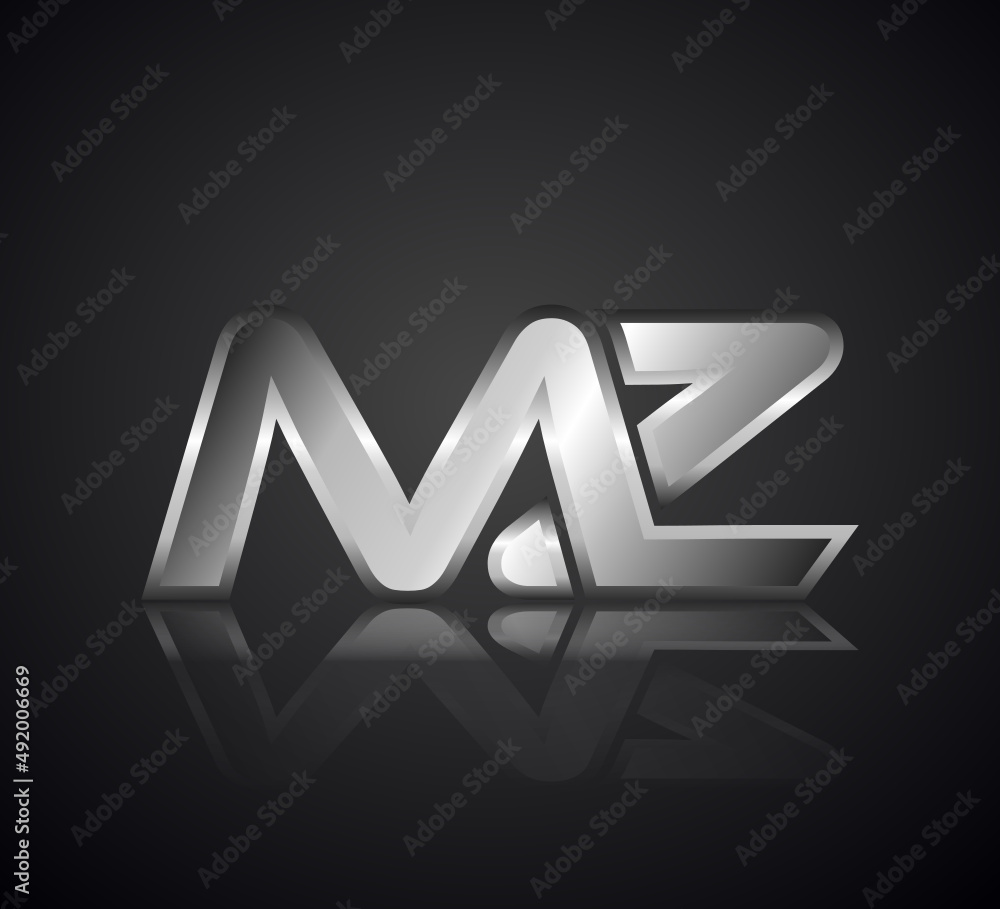 Modern Initial logo 2 letters Silver Metal Chrome simple in Dark Background with Shadow Reflection MZ Modern Initial logo 2 letters Silver Metal Chrome simple in Dark Background with Shadow Reflection MZ