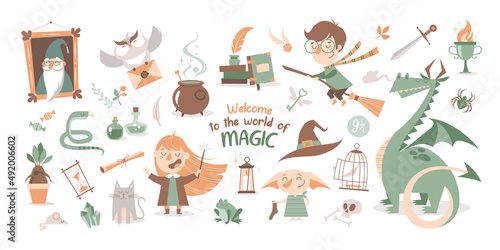 Set of cartoon magical and witchcraft isolated elements and characters  © olgagrig