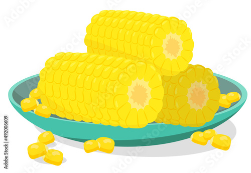 Delicious and fresh boiled corn on a plate. Delicious healthy vegetable dish.
