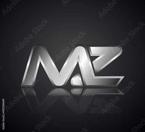 Modern Initial logo 2 letters Silver Metal Chrome simple in Dark Background with Shadow Reflection MZ