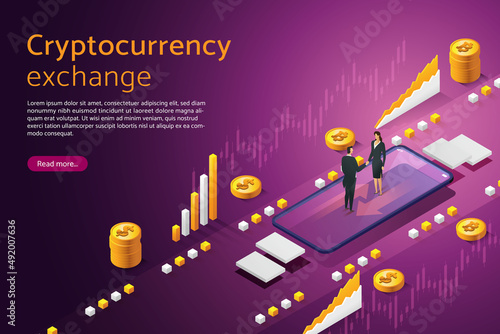 Exchange digital money via smart phone. Crypto currency exchange bitcoin.