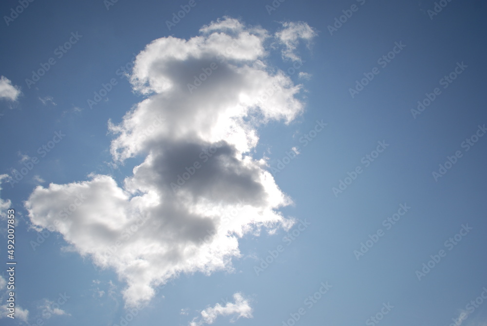 White cumulus clouds float across the sky. On a sunny summer day, snow-white fluffy cumulus clouds float across the blue sky. Clouds of various shapes and sizes are slightly gray below. White cumulus clouds float across the sky. On a sunny summer day, snow-white fluffy cumulus clouds float across the blue sky. Clouds of various shapes and sizes are slightly gray below.